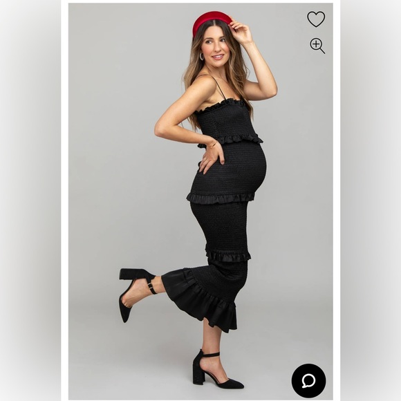 Black Satin Smocked Fitted Maternity Midi Dress - Picture 2 of 7